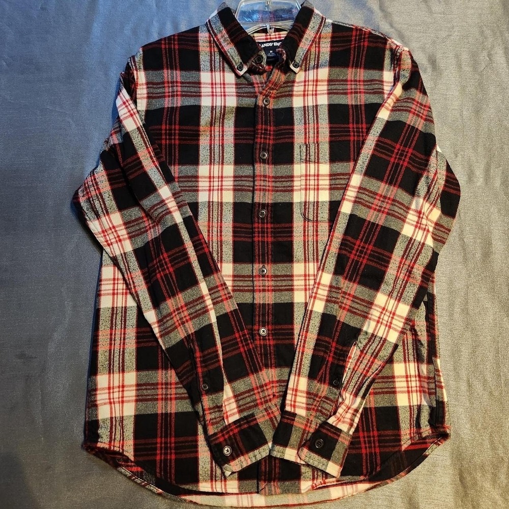 Lands End Mens Tailored Fit Flannel Shirt Red Black White Plaid Size‎ M 15-15.5